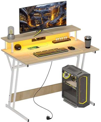 HOMCOM Mesa Gaming con Luces LED y Tomas de Corriente, 100x60 cm, Escritorio Gaming, Mesa Gamer con Soporte para Monitor, Estantes y Control Remoto, para Oficina, Estudio, Natural