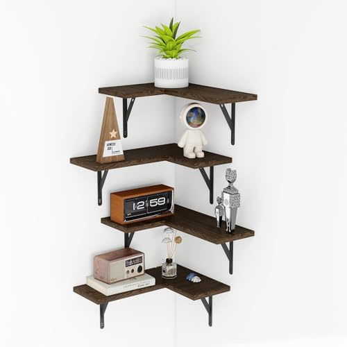 ZLLkeji Estantes Flotantes de Esquina Etanterias de Pared Madera con Ganchos Tornillos rústico para Marcos de Fotos, decoración, Especias, para, Cocina, Salón,Baño Juego de 4