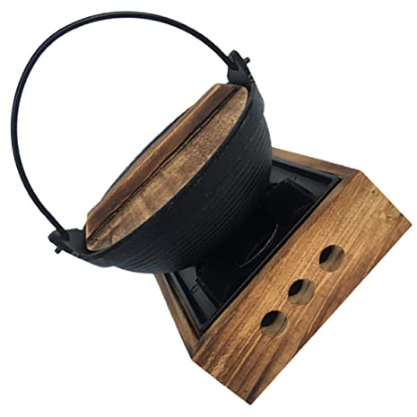 COSMEVIVI Pentola Shabu Di Ghisa Fusa Per Cucina Casa Pentola Shabu Giapponese Con Supporto in Legno Per Zuppe e Stufati Da Campeggio e Picnic Set Completo Con Maniglia Sospesa
