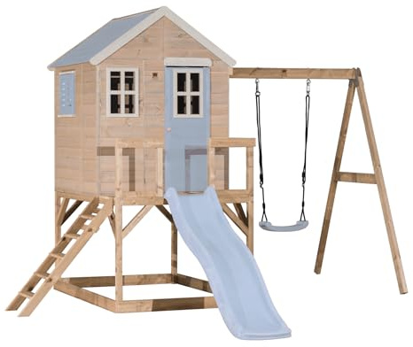 Wendi Toys casetta con scivolo e altalena per bambini da esterno in legno FSC, casa gioco in legno FSC per bambini 330×350×242 cm, con scala, sabbiera e tetto impermeabile, blu- M24PB