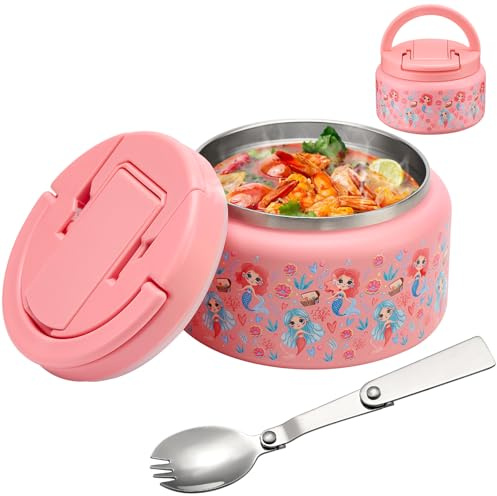 BABHAMNESS 13.5oz Soup Thermo for Hot Food Kids Insulated Vacuum Food Jar with Buckle Lid,Wide Mouth Leakproof Stainless Steel Lunch Container with Spoon-Mermaid