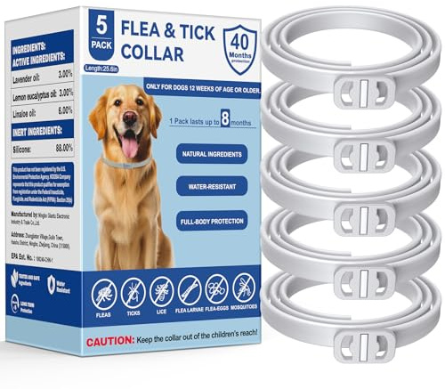 KOOSA Flea and Tick Collar for Dogs, 5 Packs Flea Collar for Dogs with Natural Essential Oils, Waterproof & Adjustable Flea and Tick Prevention Collar for Small Medium Large Dogs & Puppies, Grey