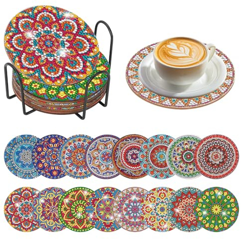 Mulaibdin 16 Pcs Diamond Art Coasters, Diamond Painting Coasters with Holder, DIY Diamond Art Kits Adults Coasters, Mandala Coasters Set for Beginners,Housewarming Gifts, Home Decor Accessories