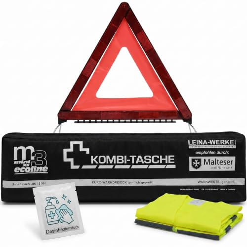 Upgrade4cars Botiquín de Primeros Auxilios Coche con Triángulo de Emergencia & Chaleco Reflectante Made in Germany 2026 DIN 13164 Válido en Toda Europa | Set Combinado Coche Primeros Auxilios