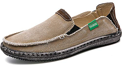 CASMAG Men's Casual Cloth Shoes Canvas Slip on Loafers Leisure Vintage Flat Boat Shoes Khaki 2 US 12 M