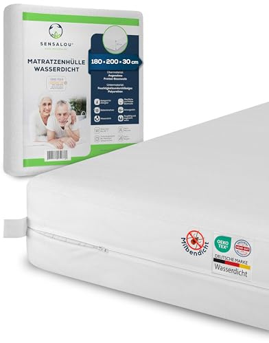 Sensalou Coprimaterasso 180 x 200 x 30 cm Impermeabile e Anti Acari come Encasement contro Cimici dei Letti, Fodera Materasso Silenziosa per Allergici, Superficie in Spugna, con Cerniera