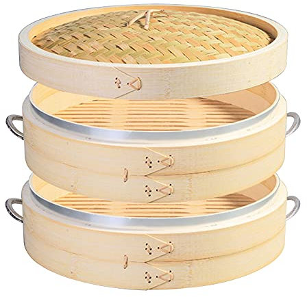 LTLWSH Vaporera de bambú para cocinar al Vapor, 35cm cocedor 2 Nivel con Tapa, Cesta de bambú, Recipiente de bambú, Oriental, cocer al Vapor