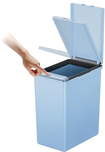 EKO Morandi 20L Kitchen Recycling Bin with Touch-Top Lid, Slim Plastic Rubbish Bin with Recycling Stickers and Easy-Clean Finish, Compact Design for Home or Office, Titanium Blue