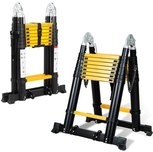 Tubiaz 5M Escalera Telescópica de Aluminio Escala Plegable, Escalera de Extensión Multipropósito, Escalera de Tijera Plegable de 2.5+2.5M hasta 150 kg de Capacidad de Carga-Negro Amarillo