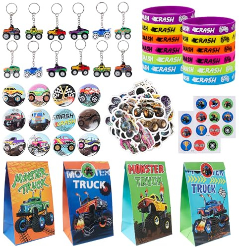 98 pezzi Monster Truck Party regalini, inclusi sacchetti regalo Monster Truck, braccialetto in silicone distintivo portachiavi adesivo per compleanno mostro truck decorazione compleanno