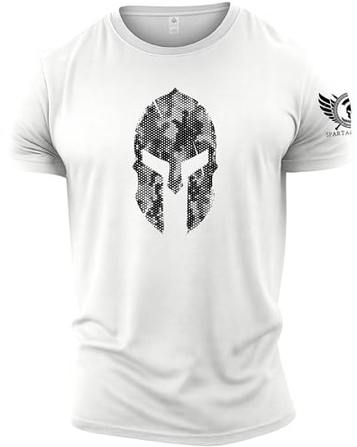 GYMTIER Spartan Forged - Camiseta de gimnasio con diseño de casco espartano con camuflaje hexagonal, para hombre, adecuada para culturismo, entrenamientos, blanco, XXXXXL