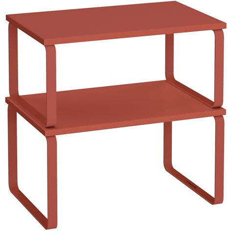 SONGMICS Spice Rack, Set of 2 Cupboard Shelf Organisers, Expandable Kitchen Shelf Organiser, Stackable Spice Holder, Metal and Engineered Wood, Mandarin Red KCS002Y02