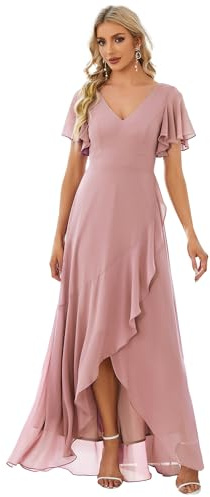 Ever-Pretty Vestito da Damigella Lungo con Volantes con Spacco Scollo a V Maniche Corte Abito da Cerimonia Elegante Dusty Rose 44