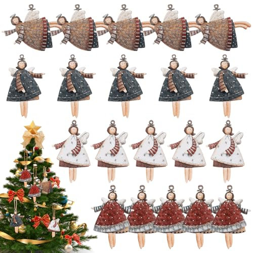 20 decorazioni natalizie, ciondolo a forma di angelo, decorazione natalizia, in legno, 4 disegni, decorazione per albero di Natale per casa, Natale, vacanze, feste