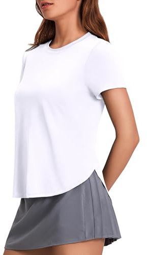 PINSPARK Sportshirt Damen Kurzarm Sport T-Shirt UPF 50+ Sonnenschutz Shirt Schnelltrocknend UV Shirt Laufshirt Seite Split Funktionsshirt Fitness Sport Oberteile L Weiß