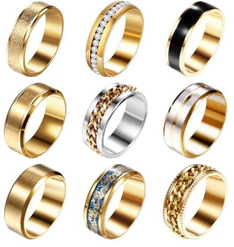 Oidea Herren Ringe Set mit Zirkonia: 9 Stück Edelstahl Gold Spinner Ring Matt Finish Poliert Vintage Biker Gothic Drache Verlobungsringe Stapelbar Partnerring Eheringe für Männer Junge Größe 63 (20.1)