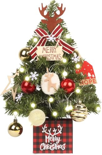 50cm Mini Christmas Tree, Tabletop Christmas Tree with LED Lights, Hanging Ornaments, Small XmasTree for Home Office Dining Table Decor