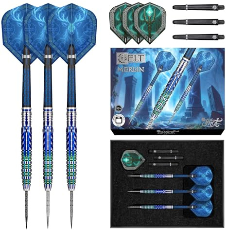 Shot! Celt Merlin Steel Tip Dart Set-95% Tungsten Barrels Handcrafted Professional Dart Set & Flights Made in New Zealand, Steel Tip Darts for Bristle Dartboard (23, Grams)