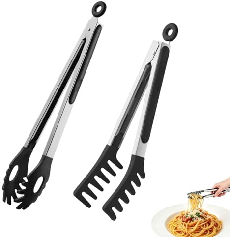 ikBrtaiay Pinzas de cocina, 2 unidades, de acero inoxidable y silicona, 25,5 cm y 26,8 cm, resistentes al calor, pinzas para espaguetis, con dientes para cocinar herramientas de horneado
