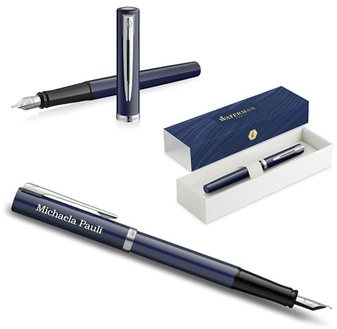 Waterman Impression Pluma estilográfica con grabado – Pluma estilográfica premium personalizada – Elegante bolígrafo de escritura regalo para hombres y mujeres – Tinta azul (Blue CT)