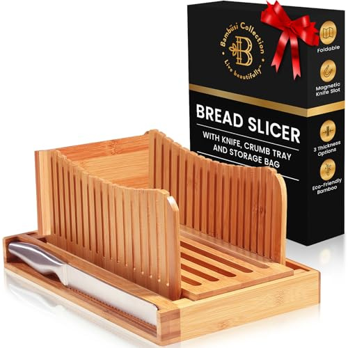 Bread Slicer for Homemade Bread - Adjustable Bamboo Bread Cutter with Knife, Foldable Slicing Guide & Crumb Tray - Bread Loaf Slicer for Sourdough, Cakes, Bagels, Loaves - Kitchen Gadgets Baking Gifts