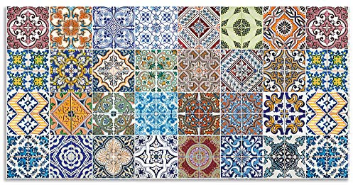 ARTland Spritzschutz Küchenrückwand aus Alu für Küche Herd Spüle 100x50 cm (BxH) mit Motiv Fliesenmuster Abstrakt Landhaus Fliesenoptik Orient Bunt T9OM