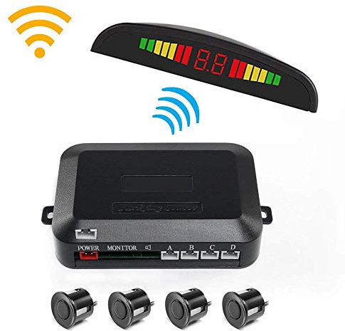 Wireless Car Reverse Backup Radar System, Wireless Parking Sensor Kit Car Vehicle Reversing Radar, 4 Sensors Alarm/Buzzer Reminder, Wireless Connection for LED Display and Host