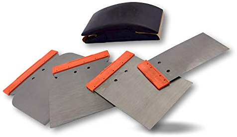 Trousse de couteaux de carrossier | Lot de 3 | Jeu de 4 spatules japonaises pour mastic enduit + Cale caoutchouc à poncer carrosserie | Lames acier poli | Largeurs 50-80-100-120 mm | Kibros W117_divx3