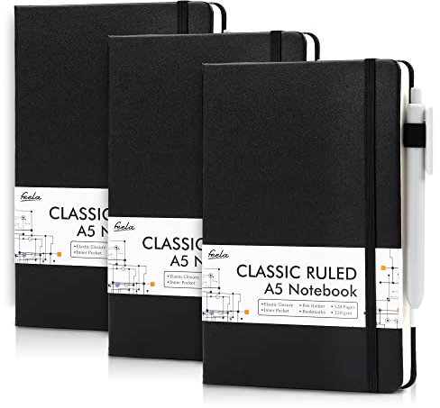 feela Notizbuch A5 liniert, 3 schwarze Notizbücher mit 3 Stiften, DIN A5 Hardcover Notebooks, 120 g/m², je 128 Seiten, 64 Blatt, Tagebuch, Business Notizbuch für Männer, Frauen