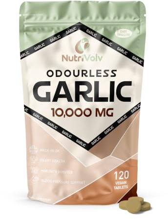Garlic 10000mg High Strength Supplements Nutrition for Blood Pressure Support, Improved Heart Health, and Robust Immune System — Pack of 120 Healthcare Tablets