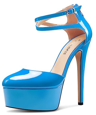 Castamere Femmes Aiguille Haut High Plate-Forme Talon Heel Rond Bout Lanières Cheville Escarpins Mariage Danse Dress 15 CM Heels Bleu 39 EU