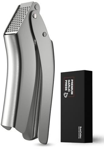 SimCoker Premium Knoblauchpresse aus lebensmittelechtem EN 1.4301 Edelstahl – Kein Schälen notwendig, Spülmaschinenfest, Integriertes Design, Leicht zu reinigen, 5 Jahre Garantie