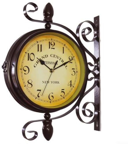 Horloge murale vintage double face en fer forgé style gare pour café, décoration de bar