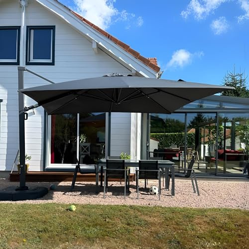 PURPLE LEAF 3,65 m X 3,65 m Parasol Déporté de Terrasse Renforcée, Parasol De Jardin Exterieur Rotatif 360° Mât de Parapluie Épais Version Améliorée, Avec Protection Solaire UPF50+, Pour Patio, Gris