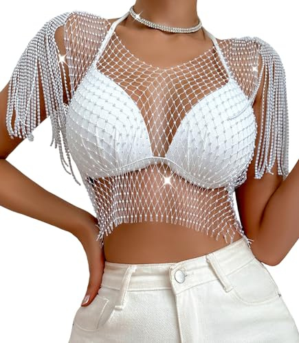 FEOYA Boléro à Paillettes Femme Filet de Poisson Strass Crop Top Visible Maille Brillante Corps Chaîne Tops Unicolore Sheer Mesh Bikini Top Diamant Rave Club Festival Outfit B2 L