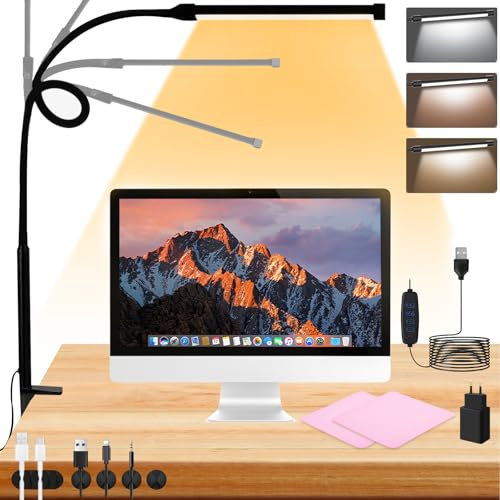 UCAMP Lampada da Scrivania LED con Morsetto,Lampada da Tavolo con 3 Modalità,10 Livelli di Luminosità,Luce Scrivania Dimmerabile,Funzione di Memoria,Lampada con Clip per Protezione Degli Occhi