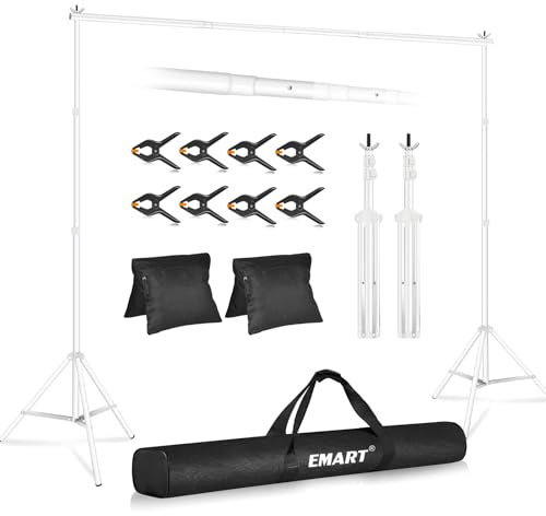 EMART Backdrop Stand 10x8.5ft(WxH) Photo Studio Adjustable Background Stand Support kit with 2 Crossbars, 8 Clamps, 2 Sandbags and Carry Bag for Parties, Events Decoration, Wedding, Photography -White