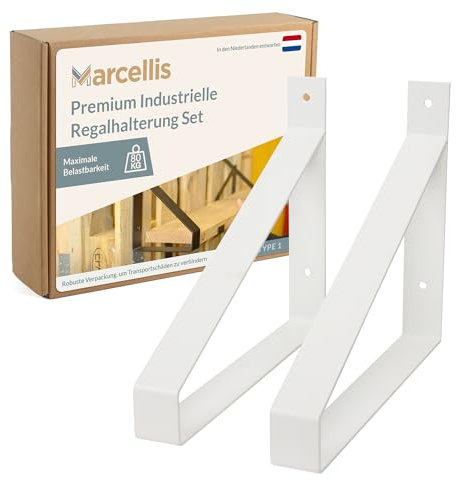 Marcellis Premium Regalhalterung XL für 30 cm breite Bretter, Matt Weiß, 2x Industrielle Regalhalterungen (80 kg Tragkraft) - Hochwertige Verarbeitung und Montagematerial - 25x4x30,2 cm (HxWxD)