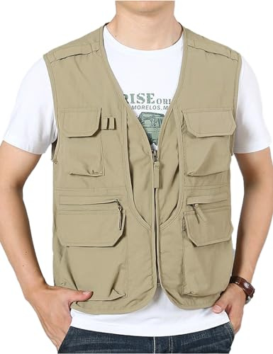 Sukany Men's Summer Utility Safari Fishing Vest Travel Cargo Work Shooting Military Waistcoat Lightweight Sleeveless Adventurer Gilet Multi Pocket Jackets Khaki M