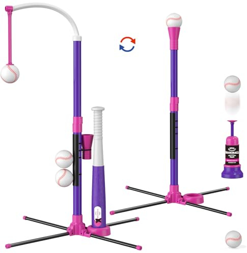 HYES 3 en 1 Baseball Set pour Enfants de 3 à 5, Balle de Baseball, Porte - Balles, Suspendu, Lanceur de Baseball et 6 Softball, Hauteur Réglable, Jouets de Baseball pour Enfants, Violet