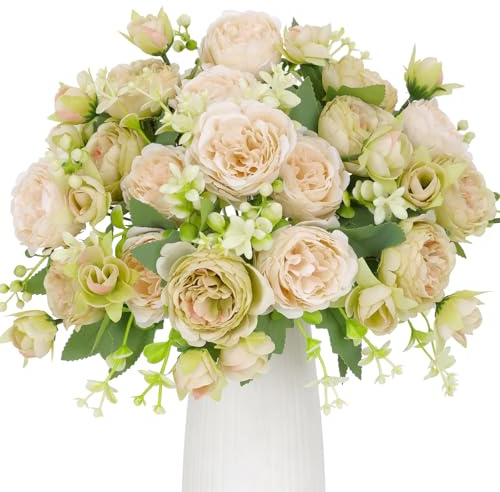 Floweroyal 4 mazzi di peonie artificiali, fiori bianchi e verdi, in seta, per matrimoni, feste, centrotavola, composizioni floreali, decorazione per la casa e la cucina.