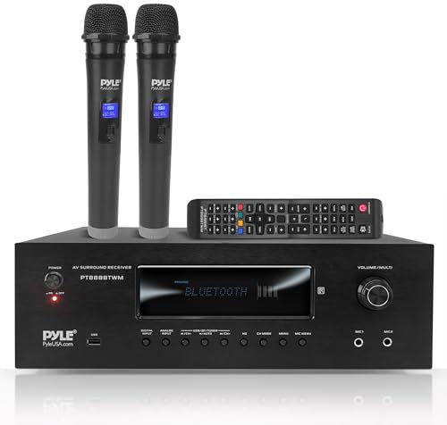 Pyle Amplificatore Audio Karaoke Bluetooth 1000 Watt per Home Theater, Ricevitore Stereo 5.2-Ch con 2 Microfoni UHF, MP3/USB/HDMI/AM/FM, Nero
