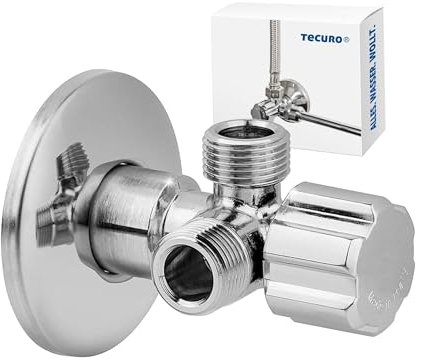 tecuro Válvula de ángulo doble | incluye roseta de empuje de 56 mm de diámetro | conexión de pared de 1/2 pulgadas (DN 15) | con dos salidas de conexión 3/8 pulgadas | latón cromado | D441094