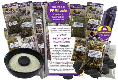 RAUHNÄCHTE räuchern 99 Rituale - Hausreinigung ORAKEL Schutz Advent Weihnachten 20-TLG Räucher-Set 12x Räucherwerk, Räucherschale, Zange, Kohle, Anleitung [8X ZUBEHÖR] 81900-24SZ