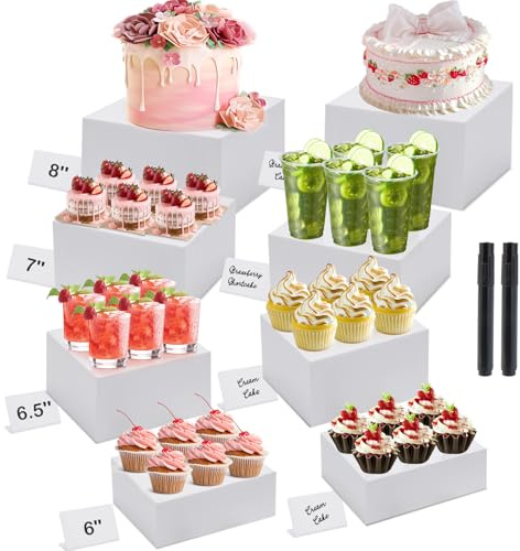 Buffet Risers, Acrylic Food Risers for Buffet Table, 8Pcs Buffet Table Risers with Mini Signs, Food Service Risers Display Stands Risers with Hollow Bottoms, 6 6.5 7 8'' Risers for Buffet Jewelry