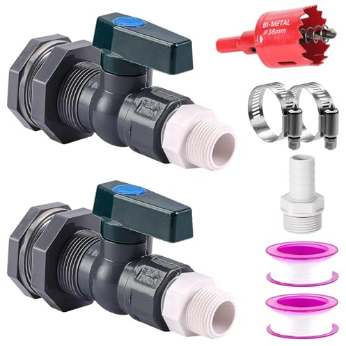 Set di 2 rubinetti da 3/4, in PVC, per serbatoio dell'acqua piovana, per acquari, piscine con raccordo a paratia, adattatore per tubo e apertura a foro (25 + 16 mm)