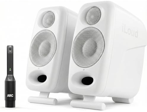 IK Multimedia Premium Version iLoud Micro Monitor Pro White (Pair) 50 Watt Portable & Powerful Reference Studio Monitor, Class D High-Efficiency Amplifier, Custom-Made Drivers for Music Mixing