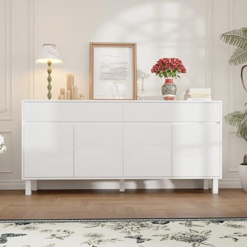 Caldion Sideboard, Kommodeschrank mit 2 Schubladen, Buffet mit 2 verstellbaren Ablagen, Buffetkommode mit 4 Türen, Buffetschrank, Wohnzimmerschrank, MDF, Weiß, 160x40x75cm