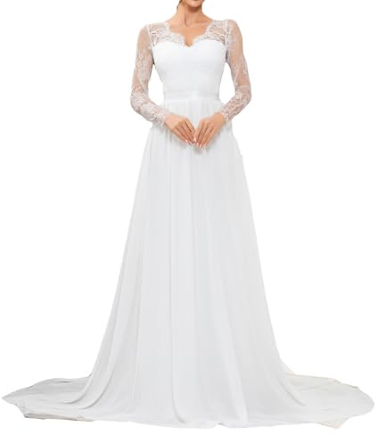 Elegante vestido de novia de manga larga de encaje con cola, costuras de encaje, sin espalda, vestidos de novia de gasa largos blancos, vestido de novia para registro civil, vestido de banquete de