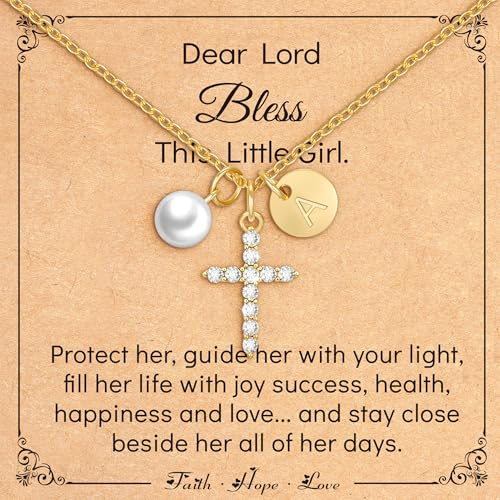 14K Gold Plated Initial Pearl Cross Necklace for Girls Christian Gift(A)
